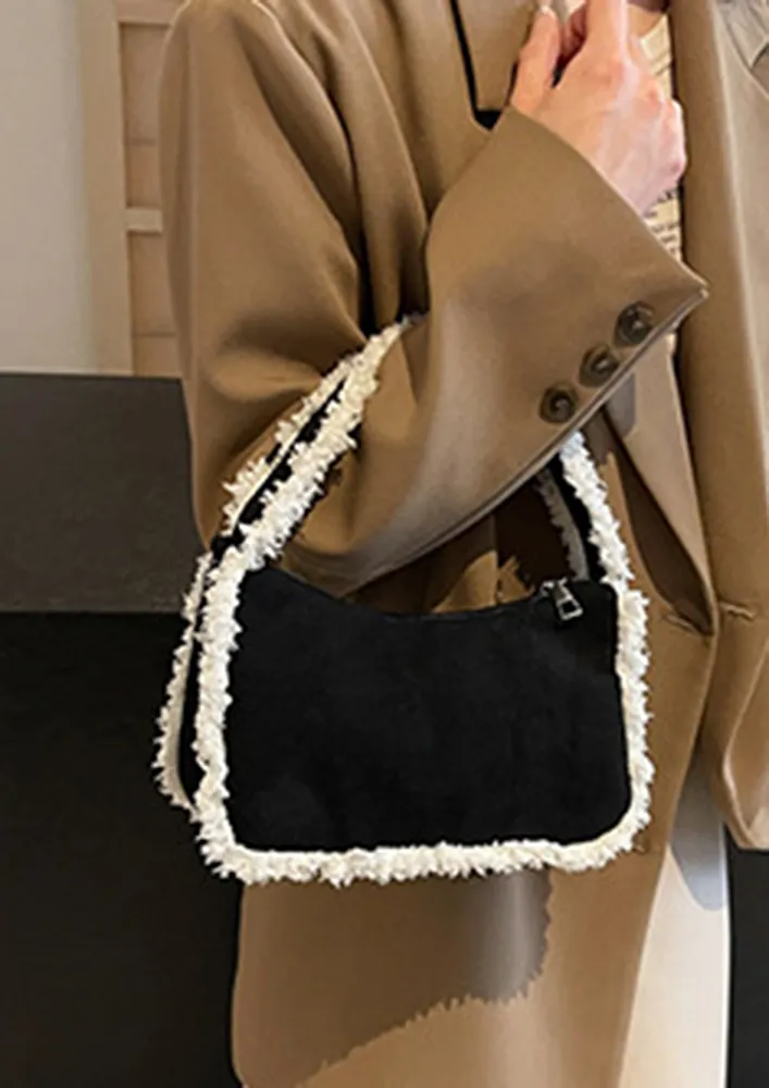 BLACK CONTRAST FAUX FUR TRIM SLING BAG