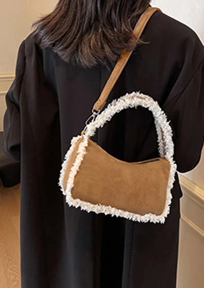 LIGHT BROWN CONTRAST FAUX FUR TRIM SLING BAG