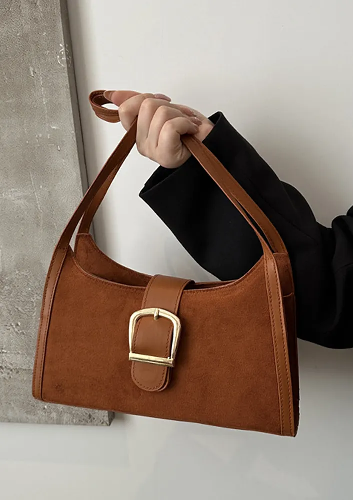 LIGHT BROWN PRINTED TUCK LOCK FLAP SHOULDER BAG
