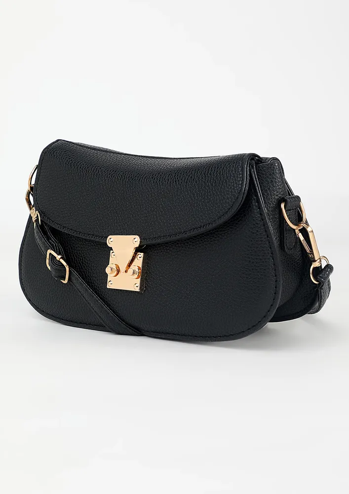 TEXTURED BLACK TUCK LOCK FLAP SHOULDER BAG