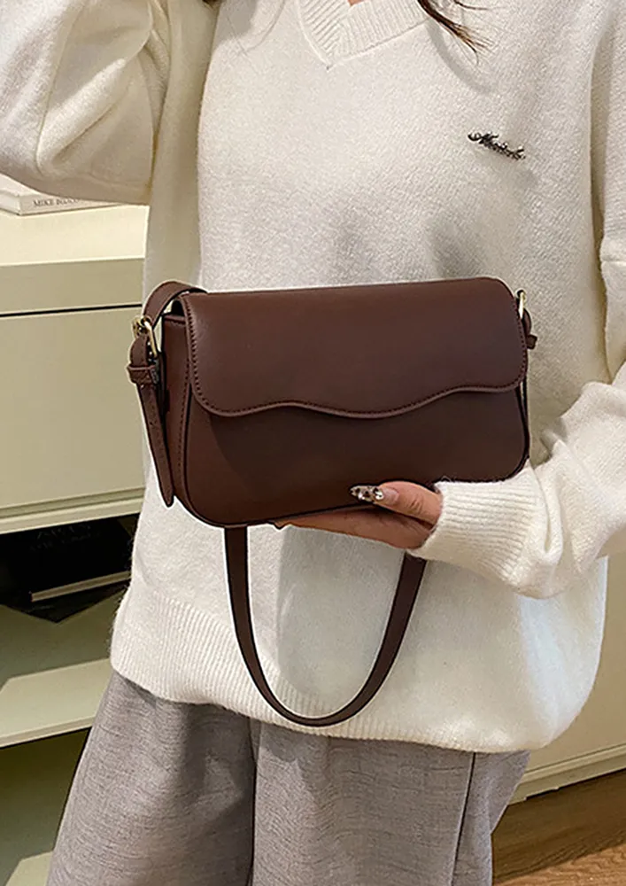 WAVY FRONT FLAP DARK BROWN SHOULDER BAG