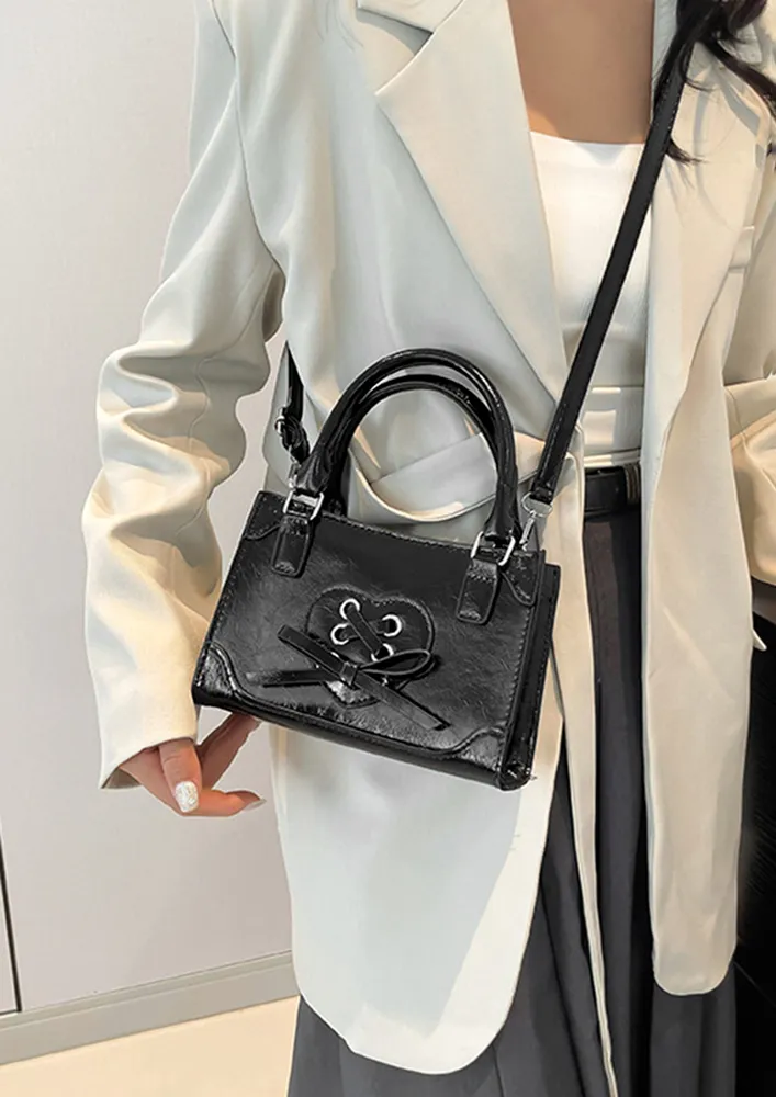 BLACK DOUBLE TOP HANDLE LACE-UP DETAIL SLING BAG