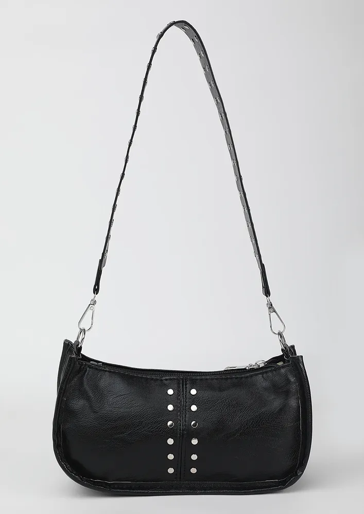 BLACK STUD DETAIL ZIP-UP SHOULDER BAG
