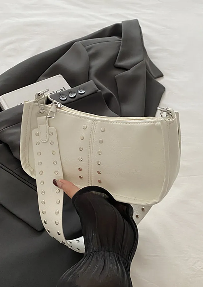 WHITE STUD DETAIL ZIP-UP SHOULDER BAG