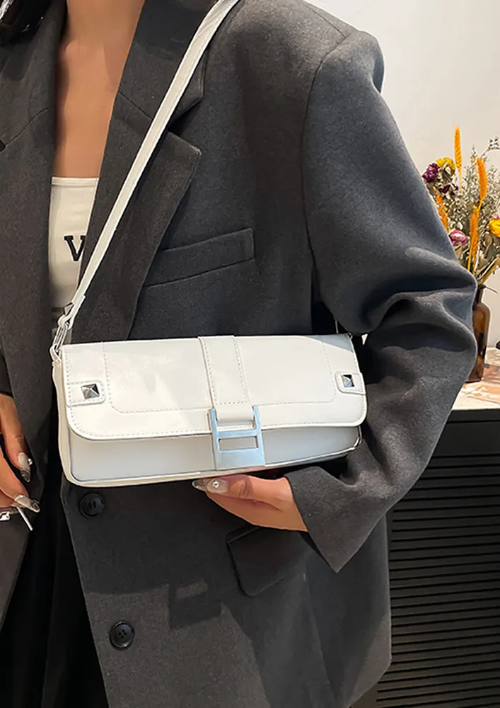 RECTANGULAR WHITE SHOULDER FLAP BAG
