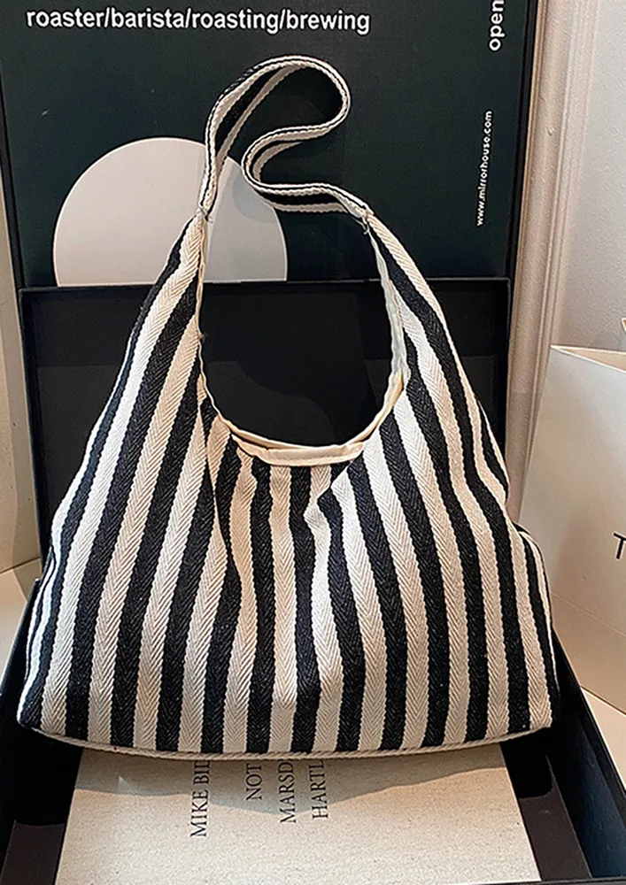 BLACK STRIPE PATTERN CONCEALED LOCK HOBO BAG