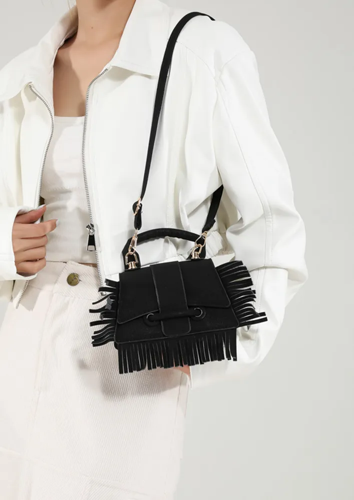 BLACK FRINGE DETAIL TOP HANDLE SLING BAG