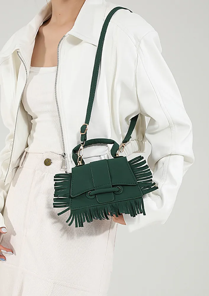 GREEN FRINGE DETAIL TOP HANDLE SLING BAG