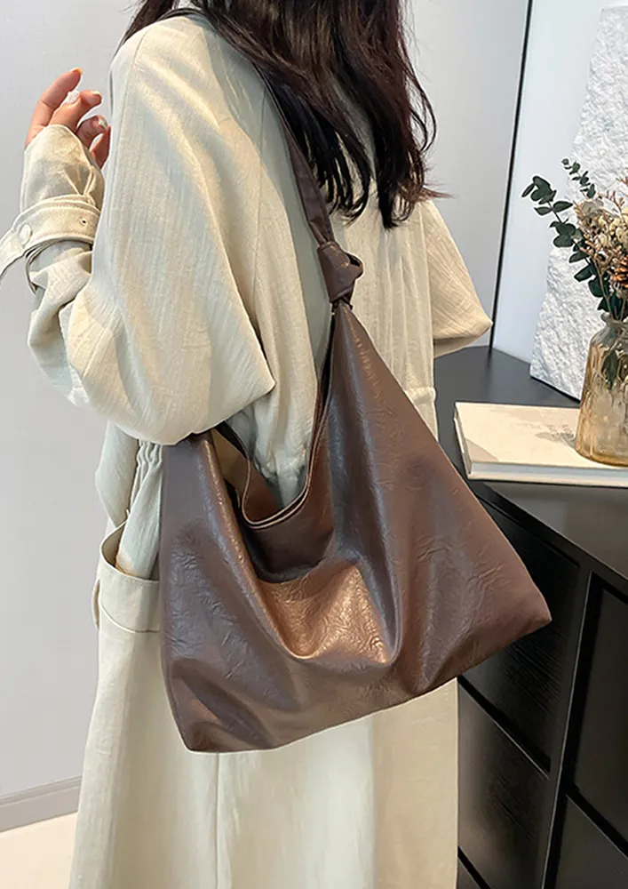 DARK BROWN FAUX LEATHER CONCEALED LOCK HOBO BAG