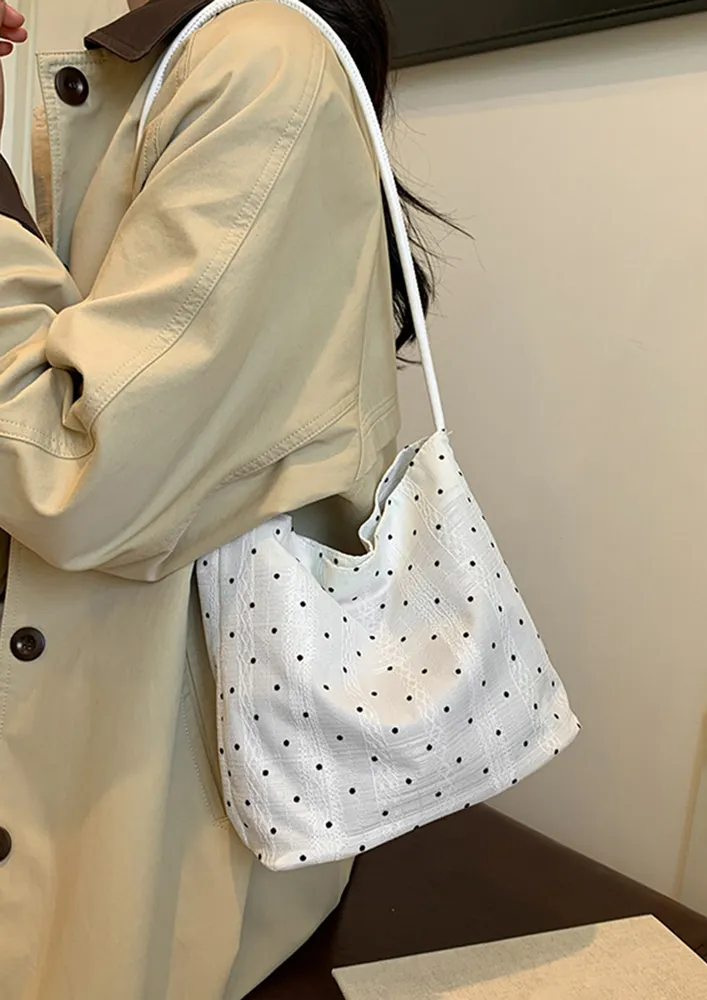 WHITE POLKA DOT PATTERN LACE TRIM SHOULDER BAG