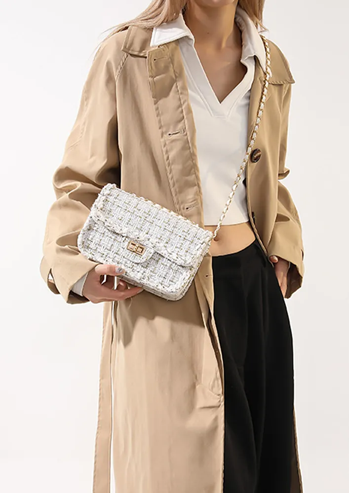 WHITE TEXTURED TWIST LOCK FLAP SHOULDER BAG
