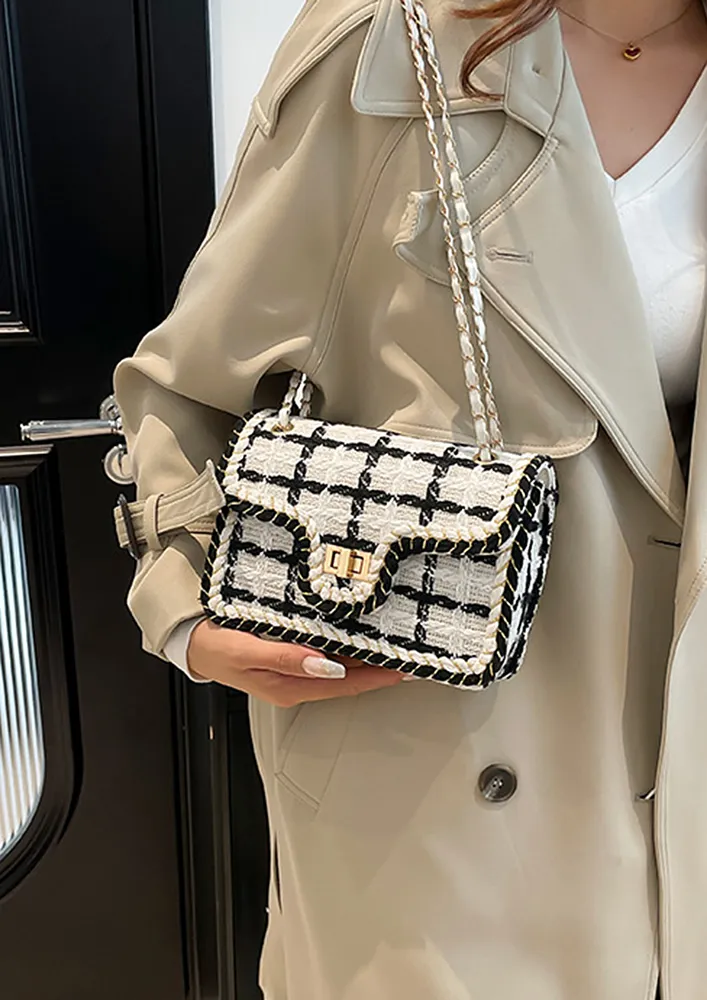 WHITE CHECK PATTERN TWIST LOCK SHOULDER BAG