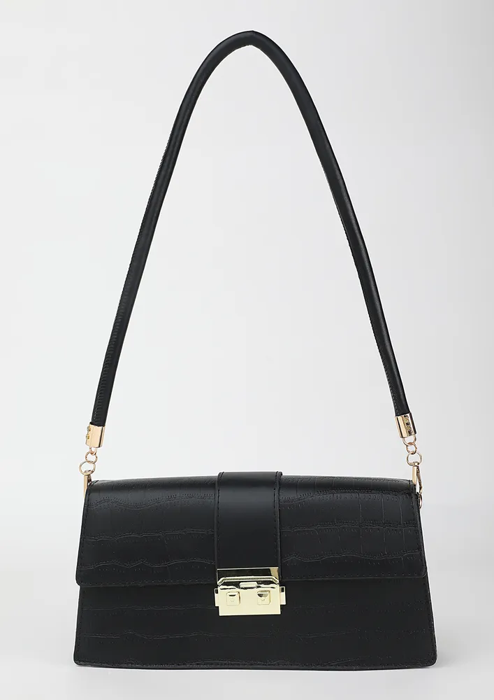 FRONT FLAP STRUCTURED BLACK SHOULDER BAG