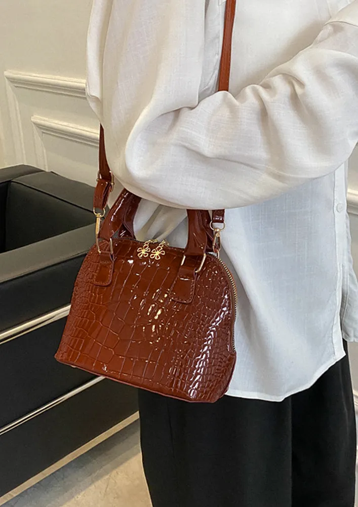 BROWN TWO-WAY ZIP DOUBLE HANDLE SLING BAG
