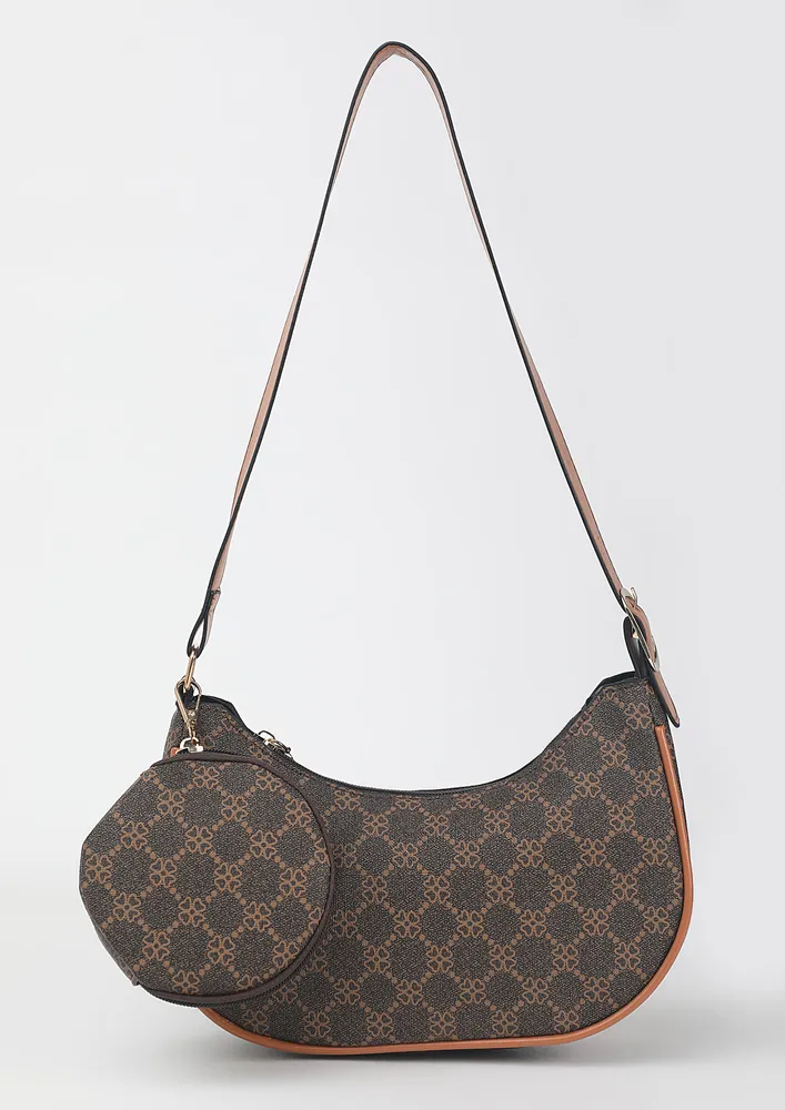 PRINTED BROWN ZIP-UP GEOMETRIC SHOULDER BAG