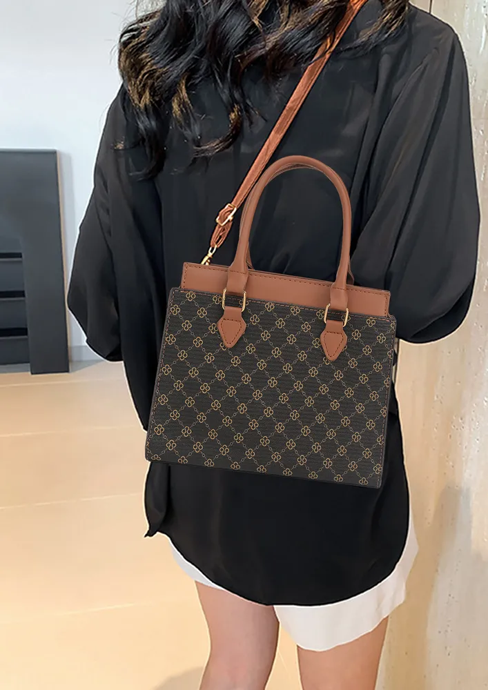 MONOGRAM PATTERN BROWN DOUBLE HANDLE SLING BAG