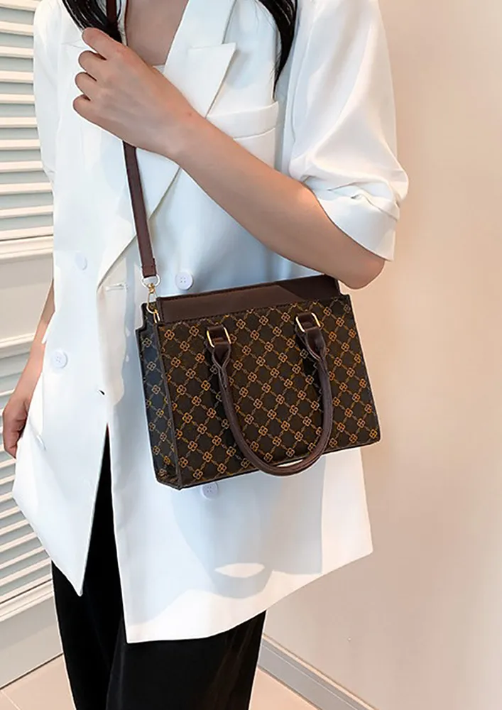 MONOGRAM PATTERN DARK BROWN DOUBLE HANDLE SLING BAG
