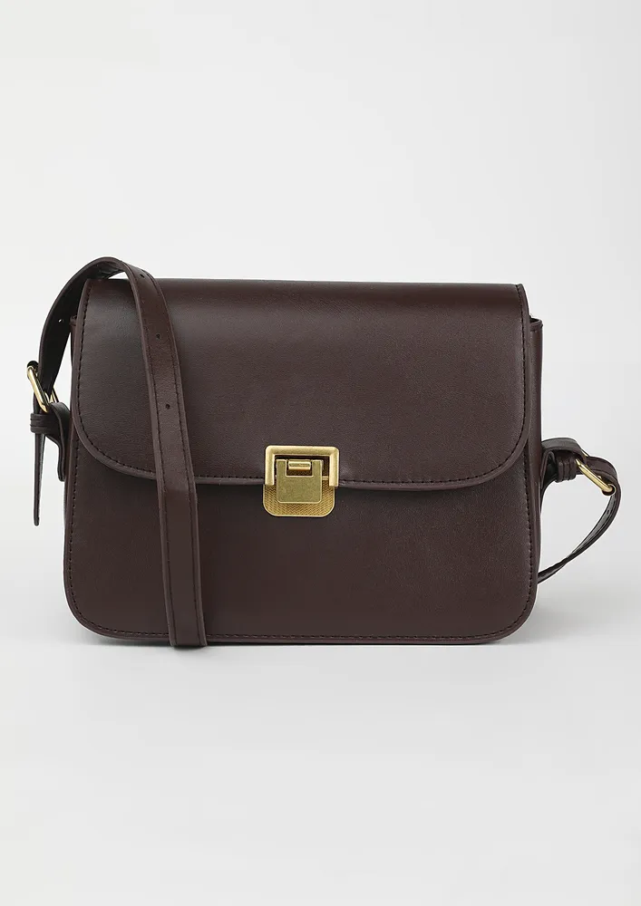 TUCK LOCK FLAP FRONT DARK BROWN SHOULDER BAG