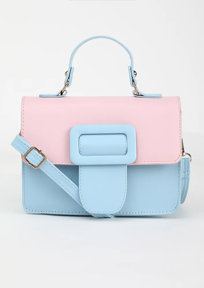 COLOURBLOCKED BLUE TOP HANDLE SLING BAG