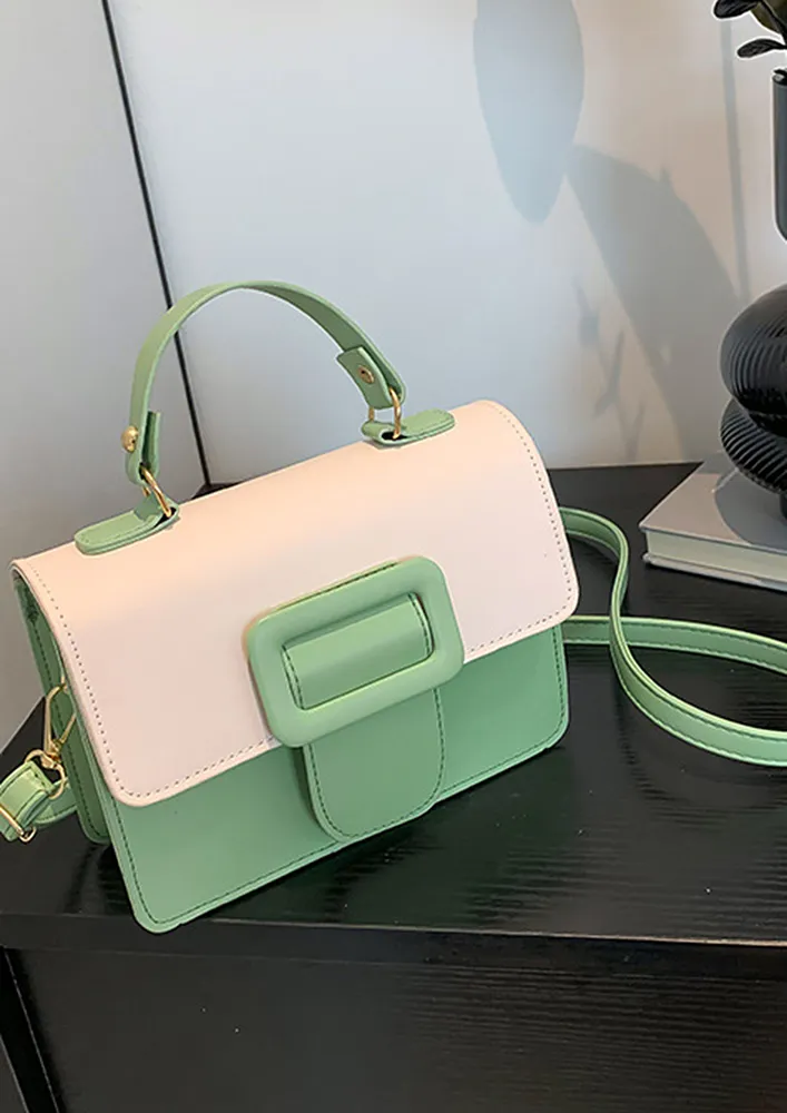 COLOURBLOCKED GREEN TOP HANDLE SLING BAG