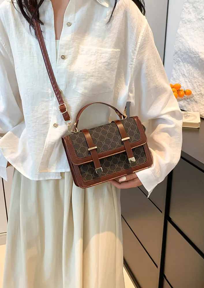 MONOGRAM PATTERN DARK BROWN RECTANGULAR SLING BAG
