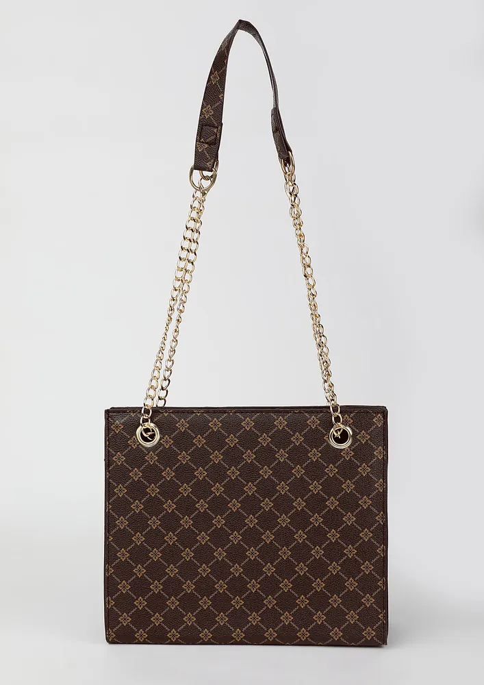 PRINTED BROWN SQUARE SHAPE SHOULDER BAG