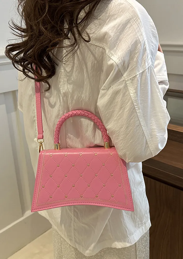 PINK TOP HANDLE GEOMETRIC FRONT FLAP SHOULDER BAG
