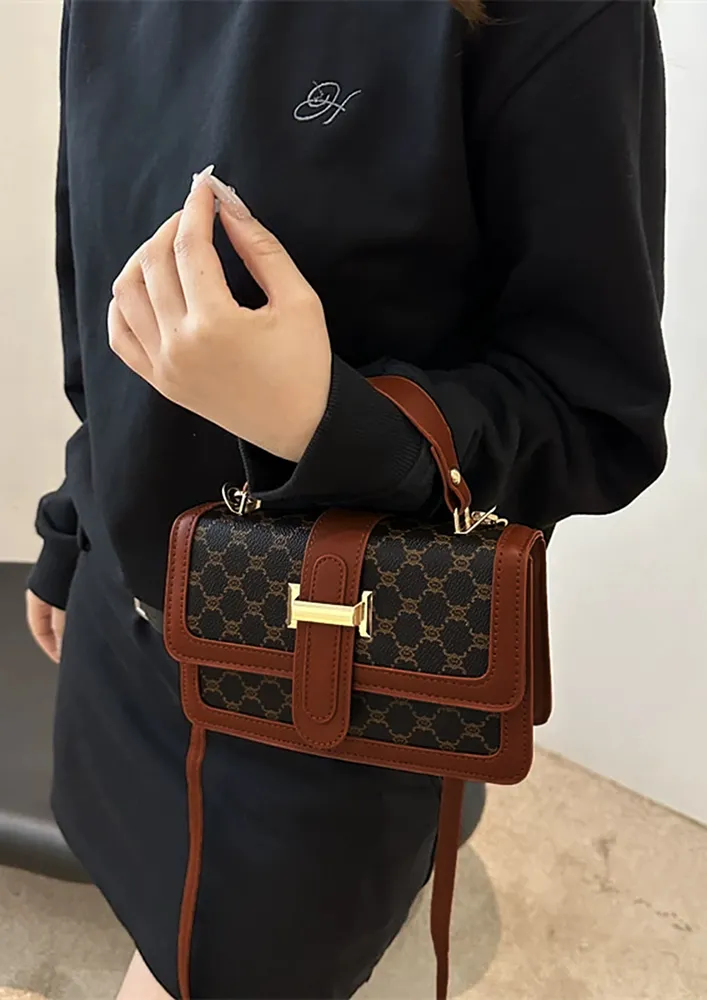 DARK BROWN MONOGRAM PATTERN FRONT FLAP SLING BAG