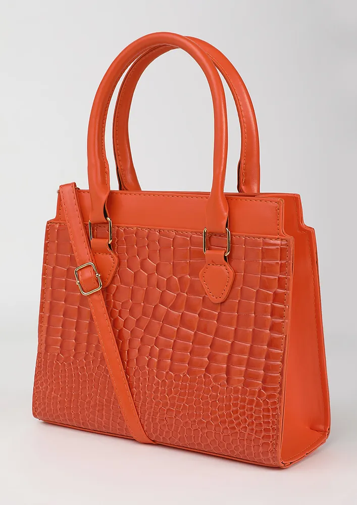 TEXTURED ORANGE DOUBLE TOP HANDLE SLING BAG