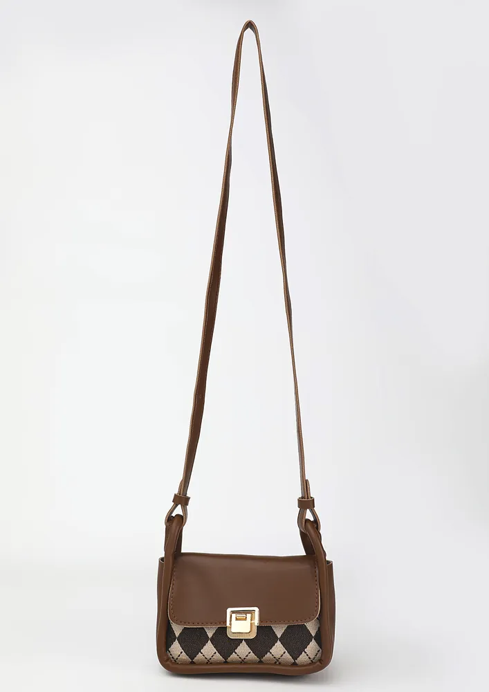 CHECK PATTERN BROWN FRONT FLAP SHOULDER BAG