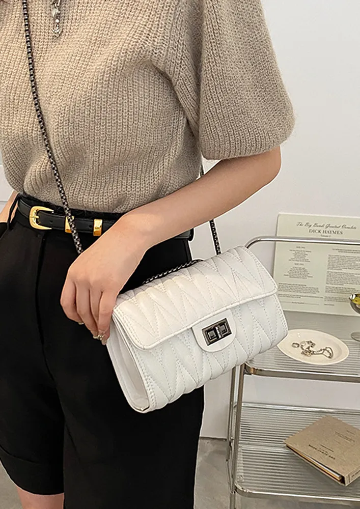 QUILTED WHITE TWIST LOCK FLAP SHOULDER BAG