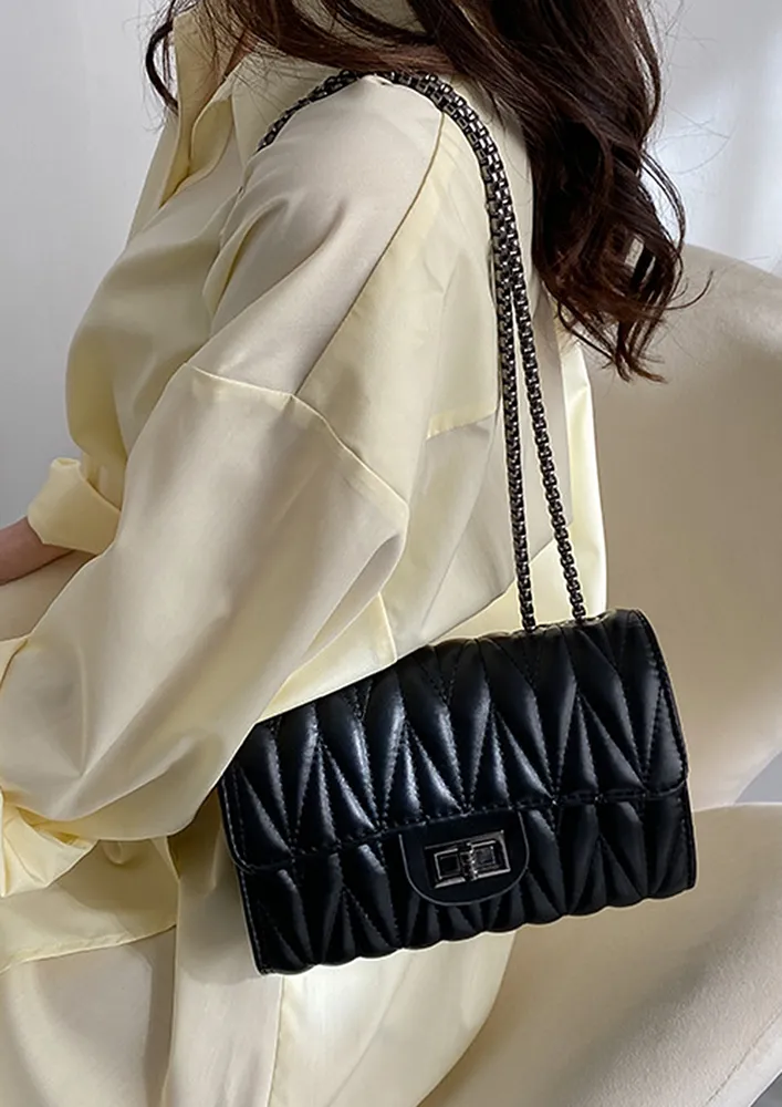 QUILTED BLACK TWIST LOCK FLAP SHOULDER BAG