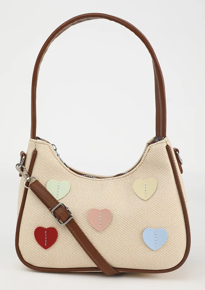 HEART-SHAPED APPLIQUE TOP HANDLE SHOULDER BAG