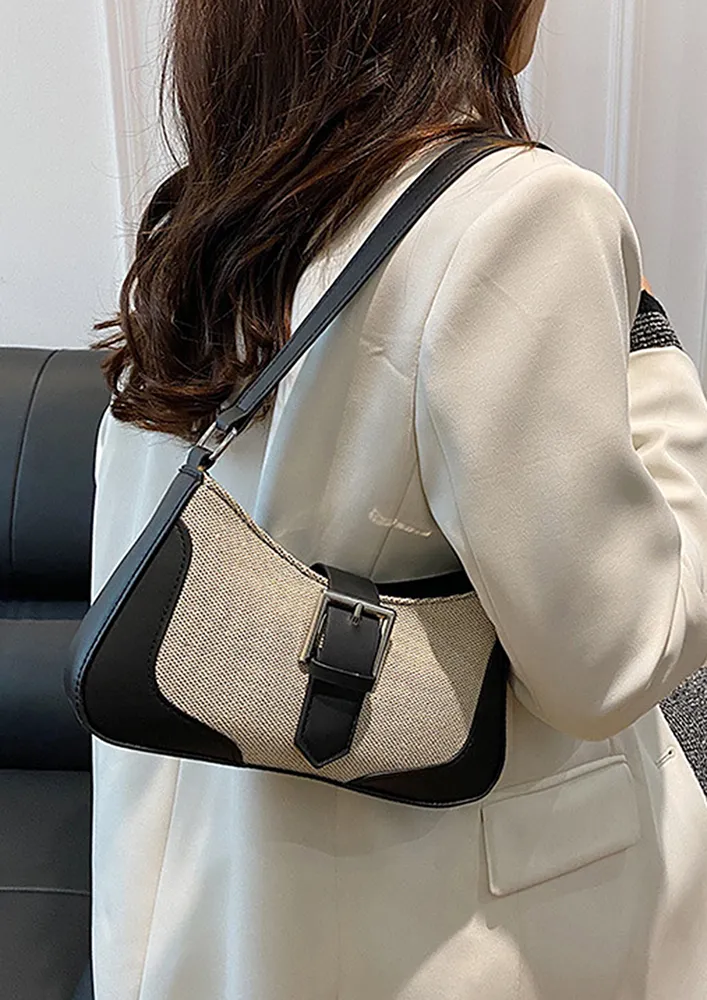 COLOURBLOCKED BLACK BUCKLE FLAP SHOULDER BAG