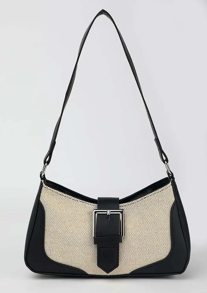 COLOURBLOCKED BLACK BUCKLE FLAP SHOULDER BAG