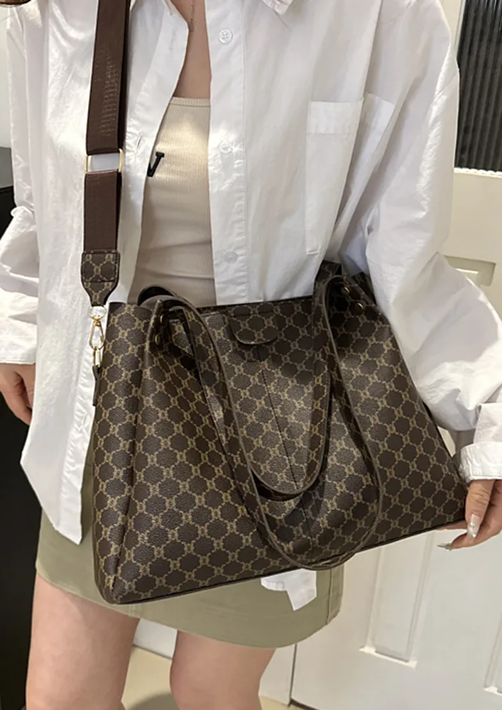 MONOGRAM PATTERN BROWN DOUBLE STRAP SHOULDER BAG