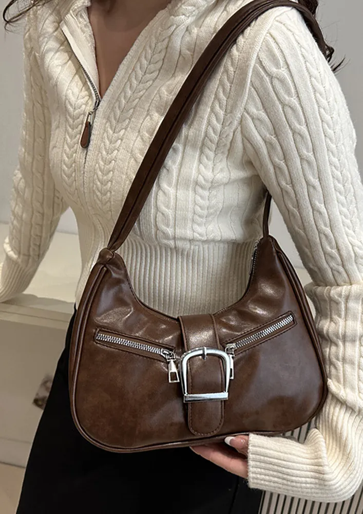ZIP-UP  BROWN ZIPPER DETAIL SHOULDER BAG