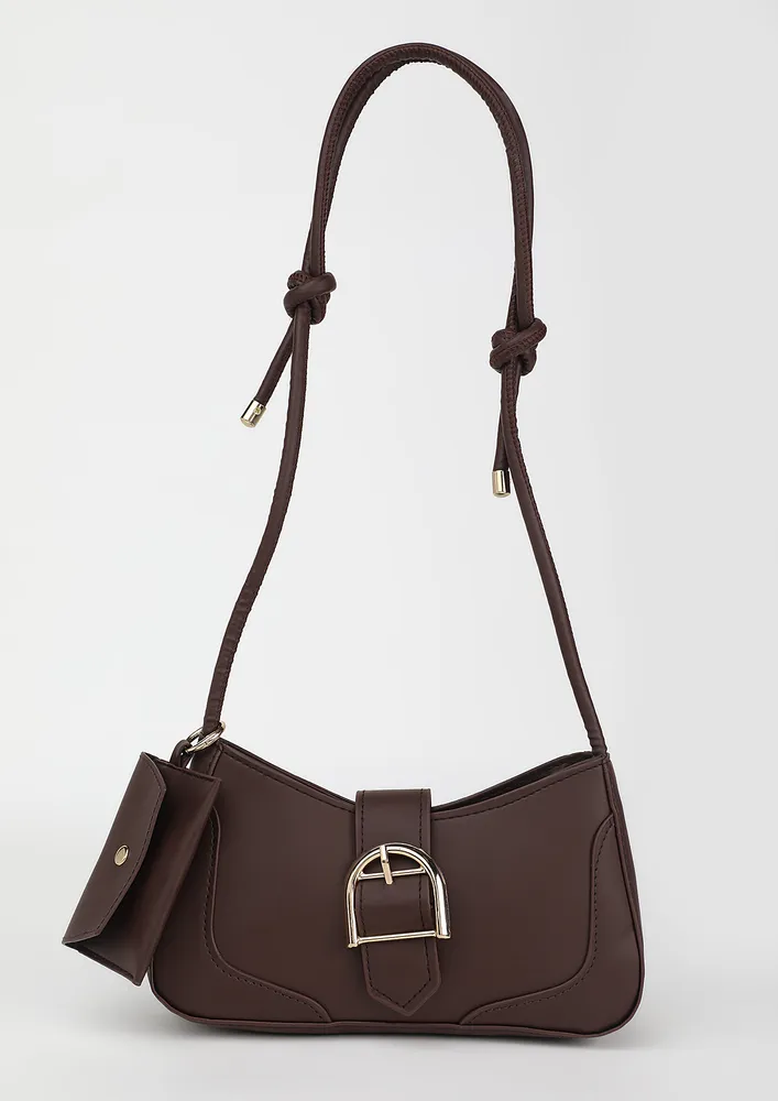 BROWN ZIP-UP BUCKLE BELT DETAIL FLAP SHOULDER BAG