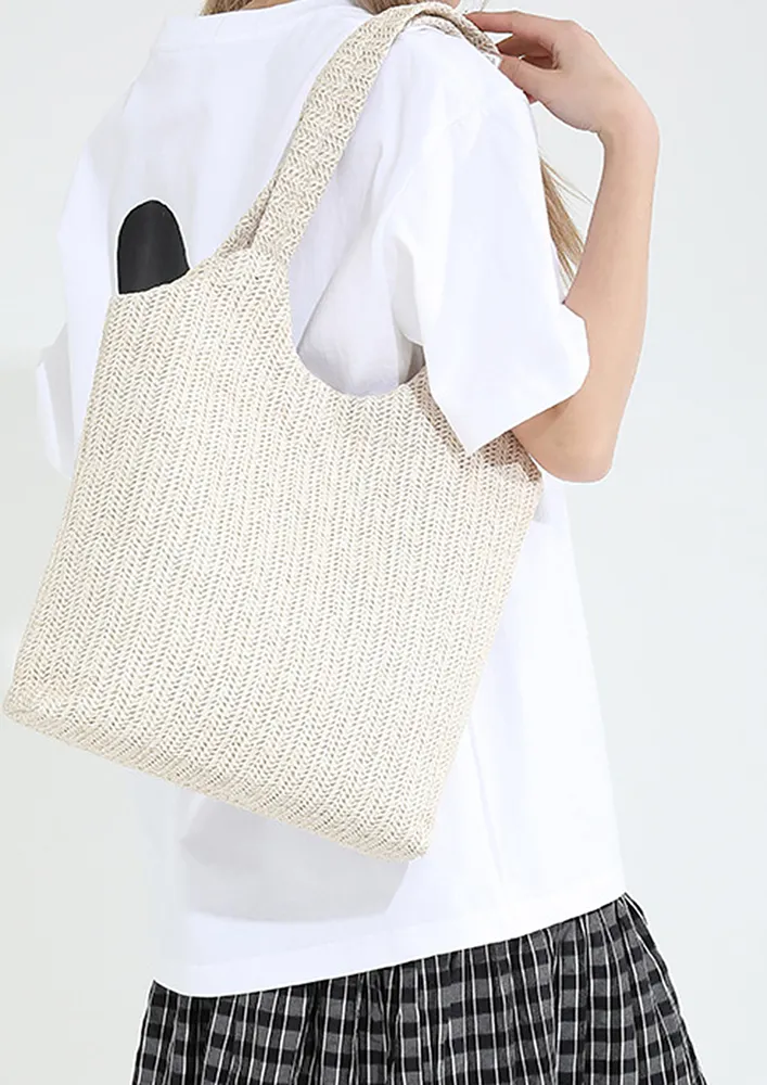 TEXTURED DOUBLE STRAP BEIGE TOTE BAG