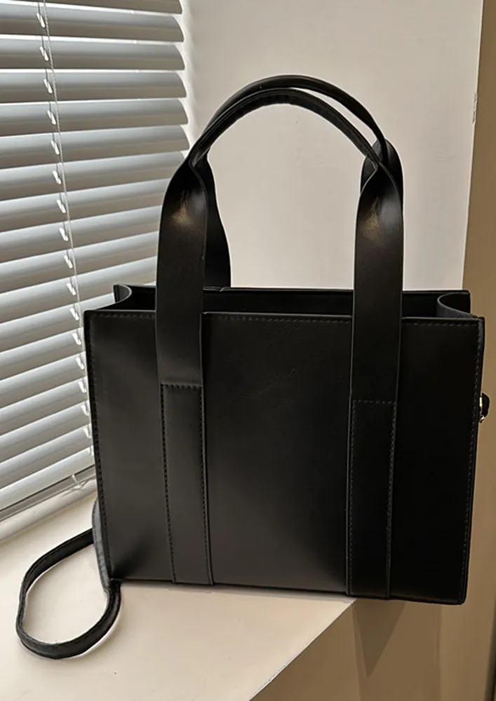 BLACK DOUBLE TOP HANDLE SQUARE SHAPED HANDBAG