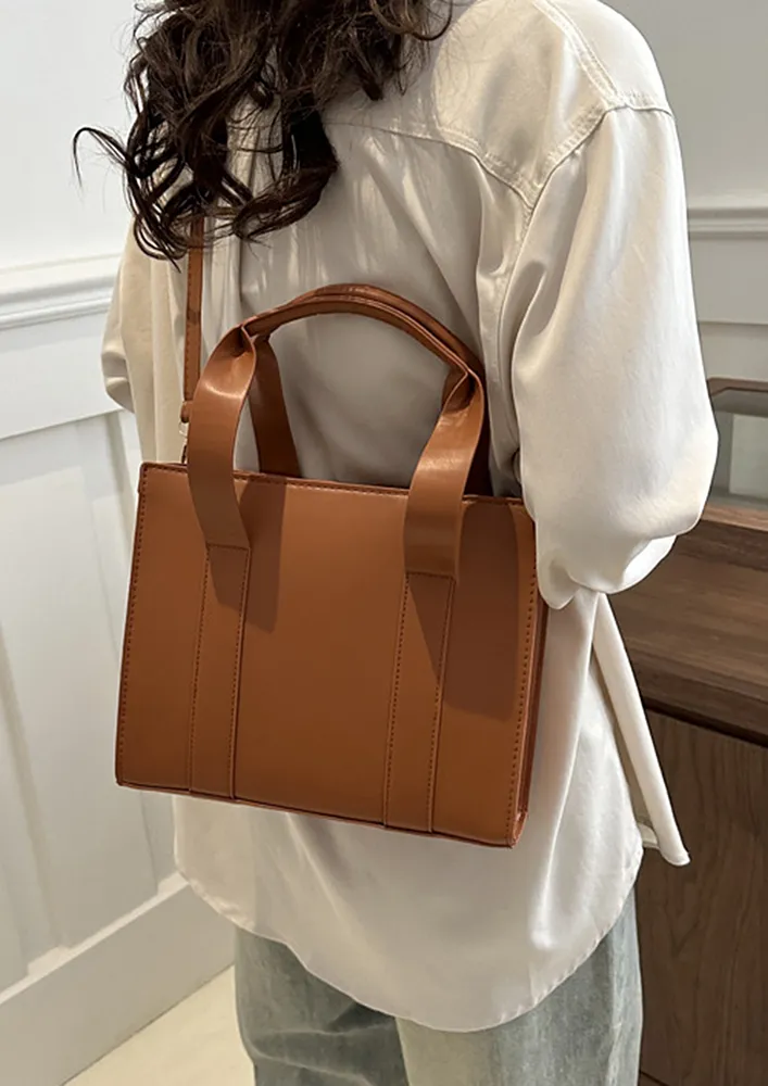 BROWN DOUBLE TOP HANDLE SQUARE SHAPED HANDBAG