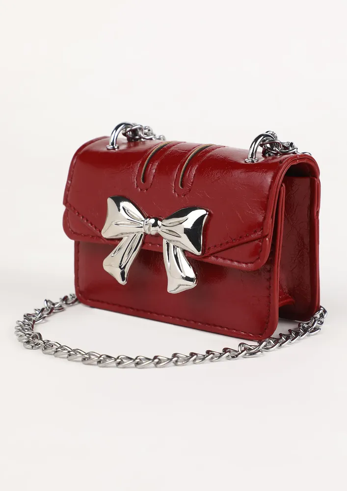 BOW DETAIL FLAP MINI WINE CROSSBODY BAG