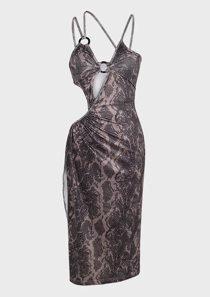 BROWN REPTILIAN PRINT SIDE-SLIT MIDI DRESS