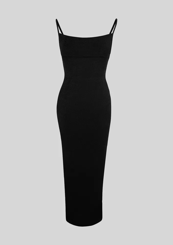 SOLID BLACK SPAGHETTI STRAPS MIDI DRESS