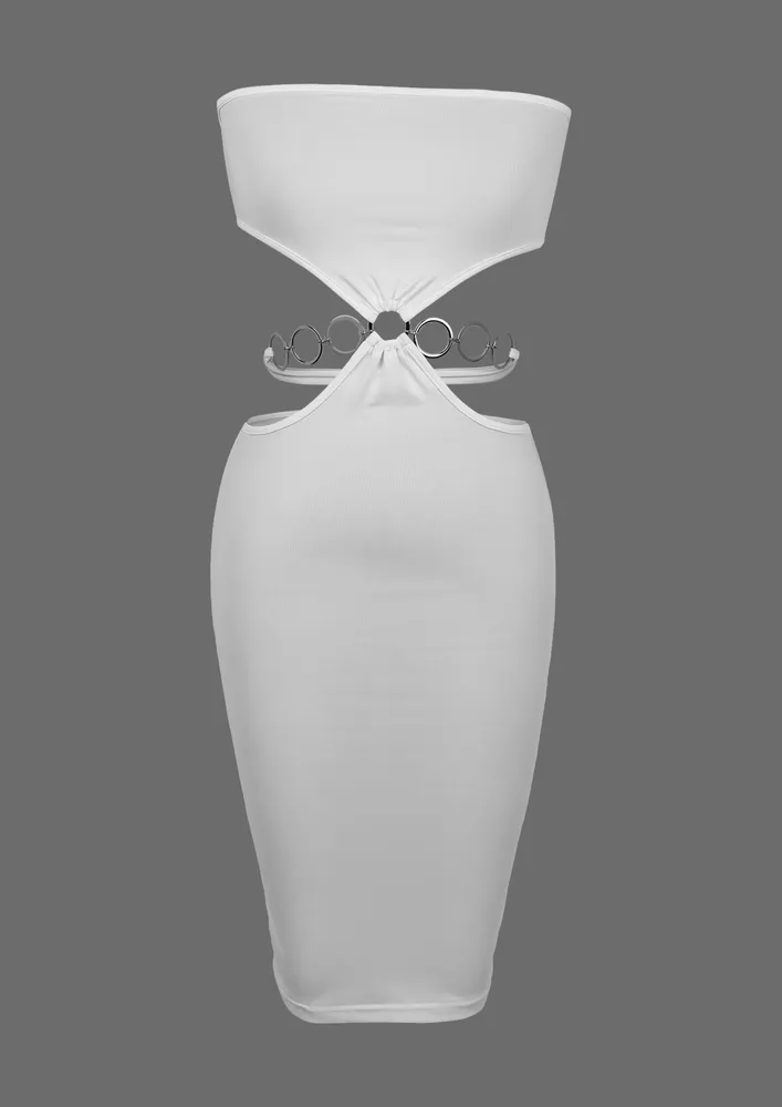 WAIST CHAIN DETAIL WHITE BANDEAU DRESS