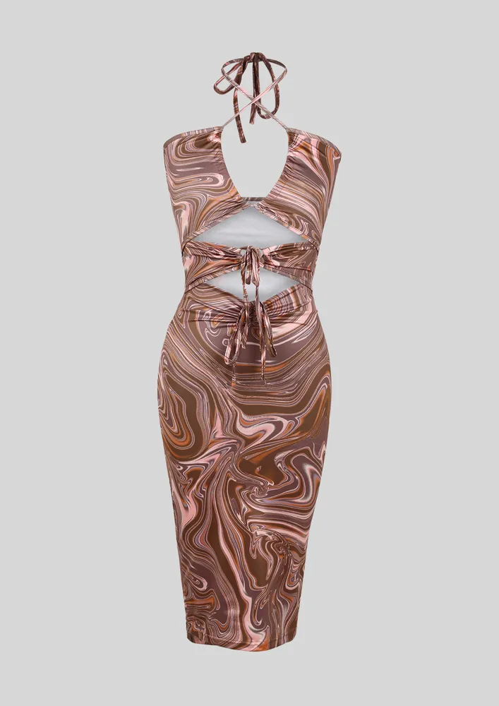 BROWN ABSTRACT PRINT CUT-OUT DETAIL MIDI DRESS