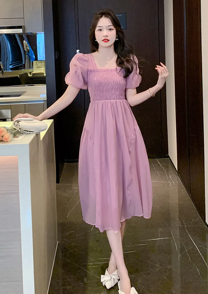 SMOCKED A-LINE RETRO MIDI PUPLE DRESS