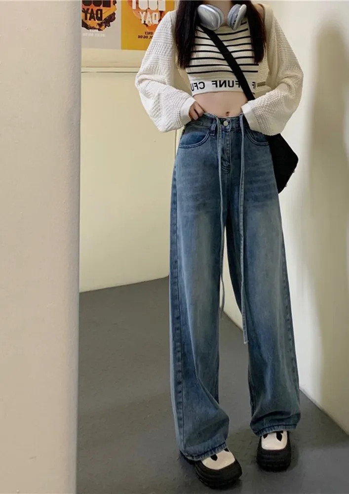 BLUE HIGH-RISE WIDE LEG LONG DRAWSTRING JEANS