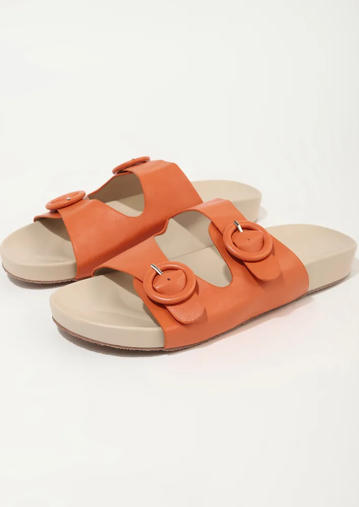 CUTE DOUBLE BUCKLED ORANGE FLIP FLOP SANDALS