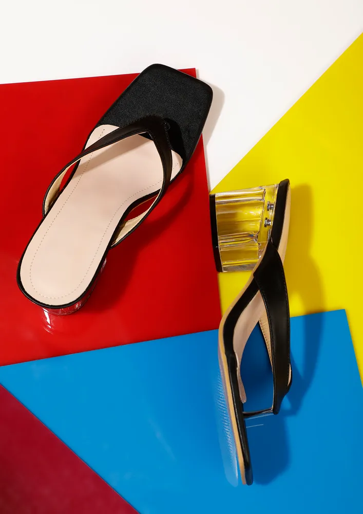 UP FOR THE DAY BLACK & TRANSPARENT BLOCK HEEL SANDALS